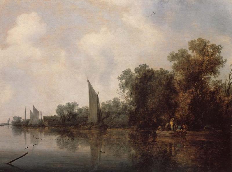 RUYSDAEL, Salomon van A Rievr with Fishermen Drawing a Net oil painting picture